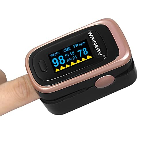 Finger pulse oximeter displaying blood oxygen and pulse rate