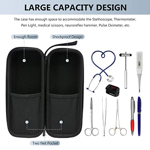 Large capacity medical tool case with stethoscope, thermometer, pen light, scissors, and other tools