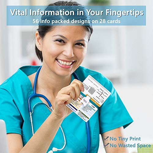 Nurse holding information cards with text about vital information on fingertips.