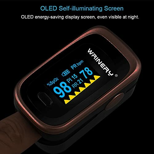 OLED pulse oximeter showing readings on a finger.